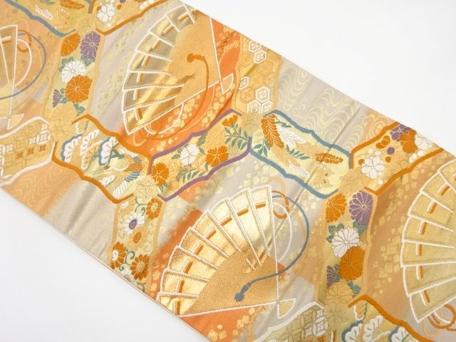 JAPANESE FUKURO OBI / WOVEN FOLDING FAN PATTERN & FLORAL PLANTS